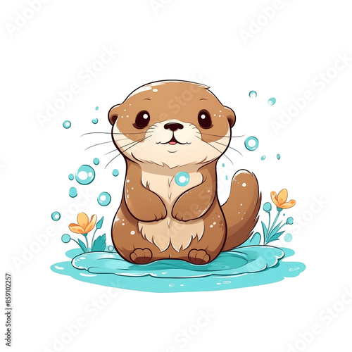 a happy cartoon baby otter in water