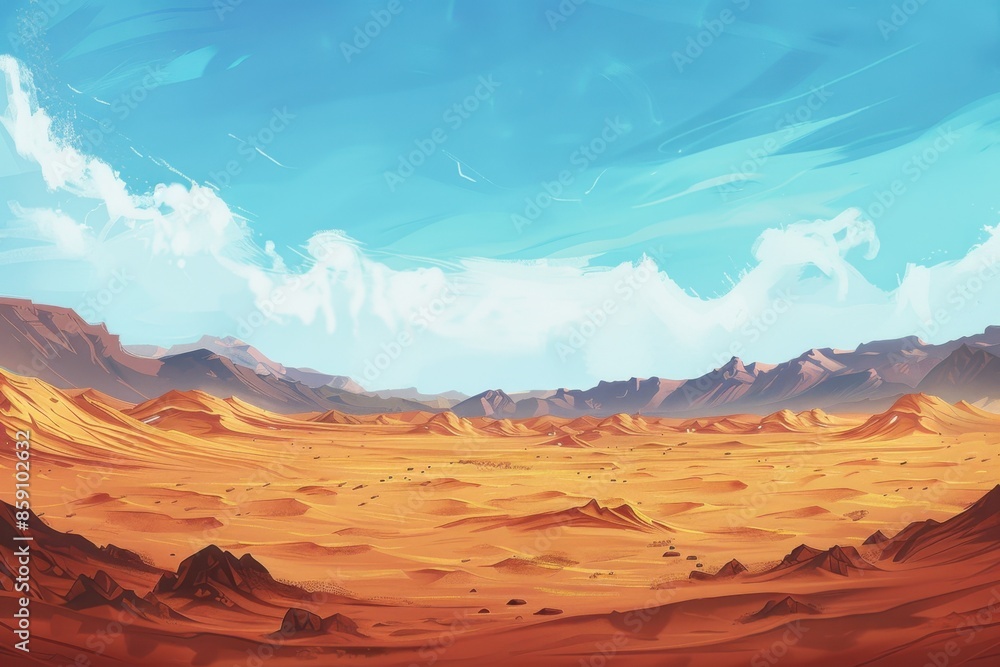 Naklejka premium Desert Landscape with a Blue Sky and White Clouds