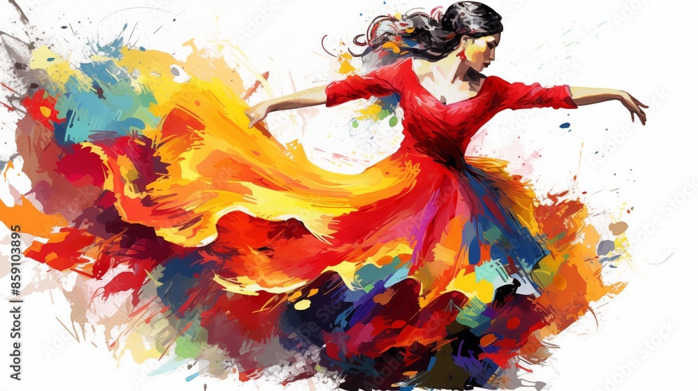 Obraz premium Abstract illustration of the flamenco dance in an explosion of colorful paint on a white background
