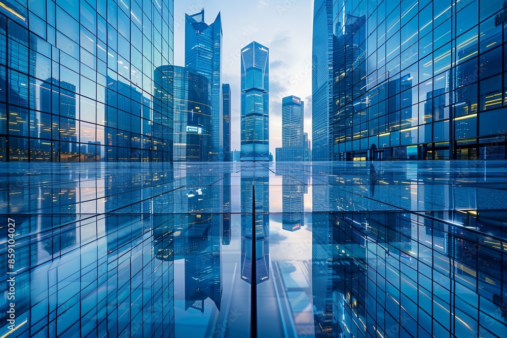 Modern city skyline with skyscrappers and reflection created with Generative AI Modern city skyline with skyscrappers and reflection created with Generative AI