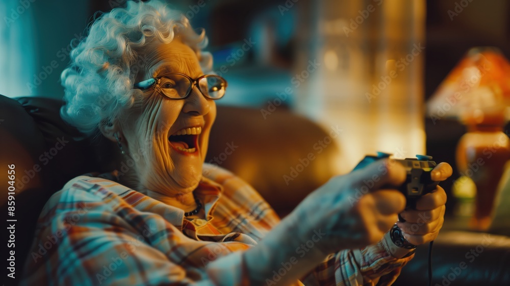 senior woman with remote control playing console