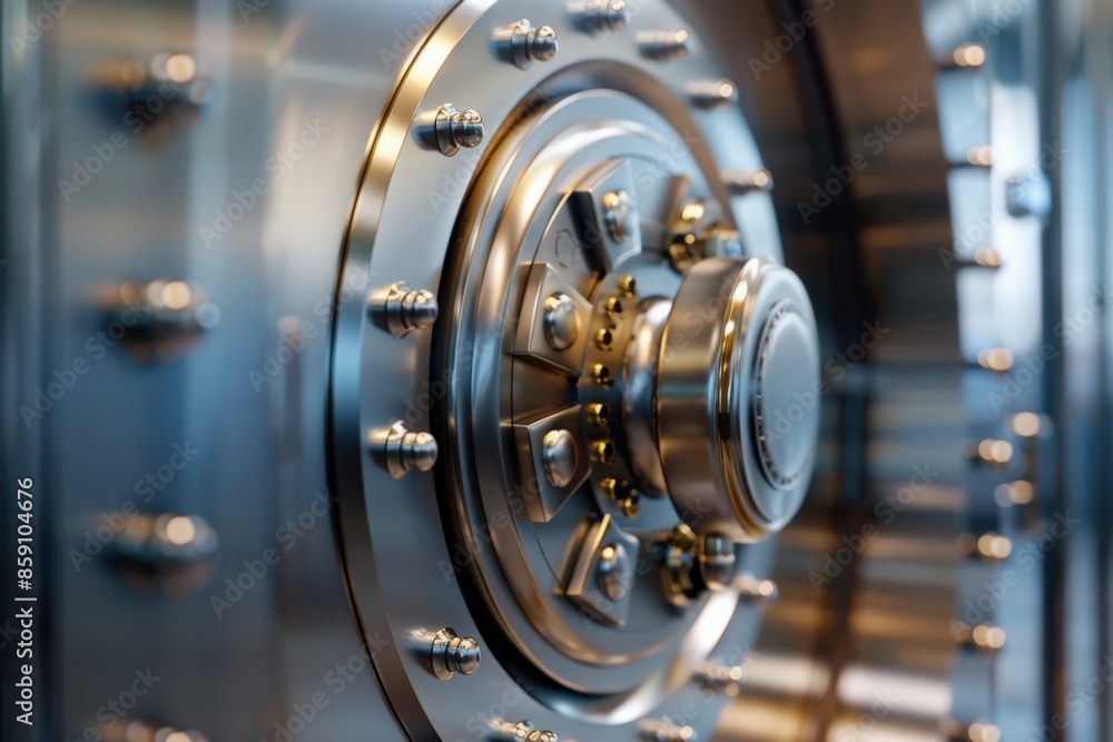 Fototapeta premium A close-up of a large, steel vault door, revealing intricate details of the lock and security mechanisms.