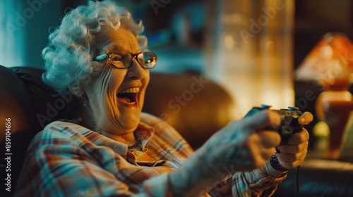 Obraz na płótnie senior woman with remote control playing console w salonie