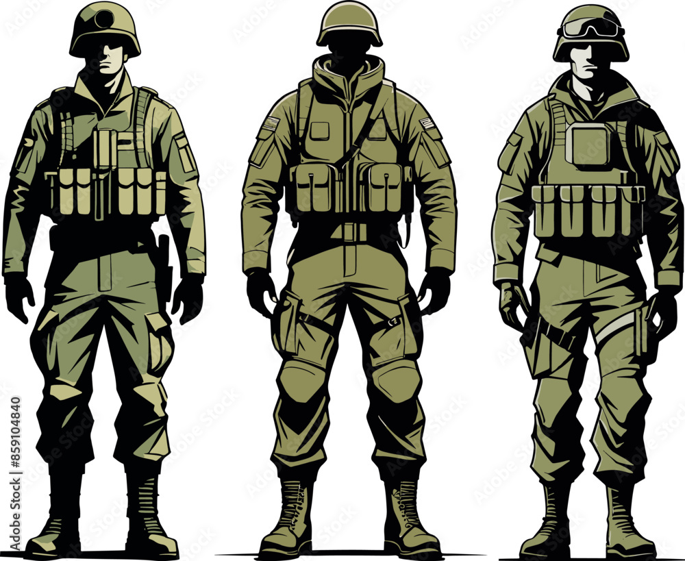 Set of Military man vector, marines, NAVY, army soldier Set of Military man vector, marines, NAVY, army soldier