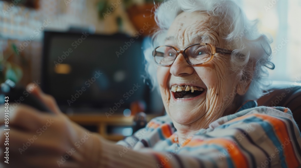 senior woman with remote control playing console