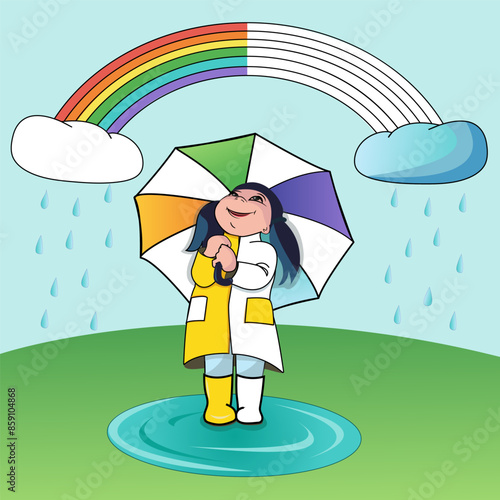 girl under an umbrella is admiring the rainbow