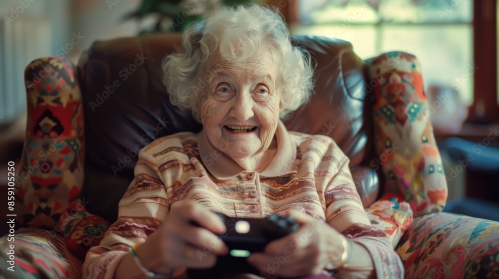 senior woman with remote control playing console