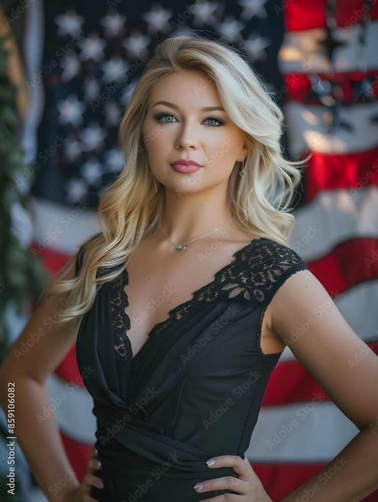 beautiful blond hair woman standing with American flag on background beautiful blond hair woman standing with American flag on background