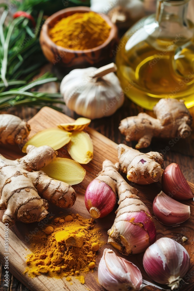 Wooden kitchen table covered with fresh ingredients like ginger, garlic, olive oil, and spices. Ideal for cooking, healthy eating, and culinary themes. Wooden kitchen table covered with fresh ingredients like ginger, garlic, olive oil, and spices. Ideal for cooking, healthy eating, and culinary themes.