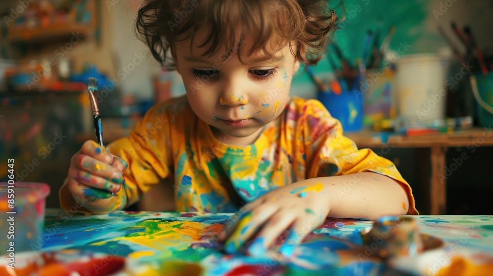 child draws with paints. Children development concept.