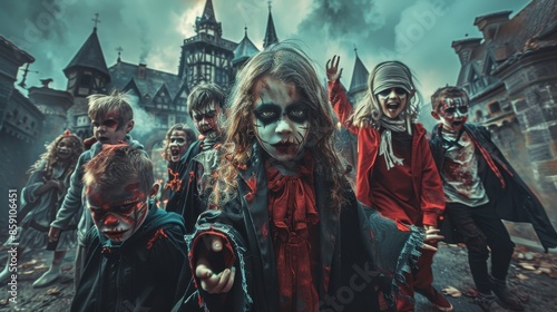 A group of kids in vampire and mummy outfits with terrifying face paint, exploring a spooky castle. photo