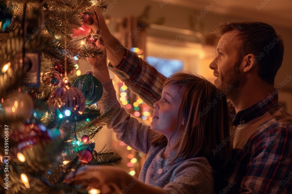 Father and daughter decorating Christmas tree Father and daughter decorating Christmas tree