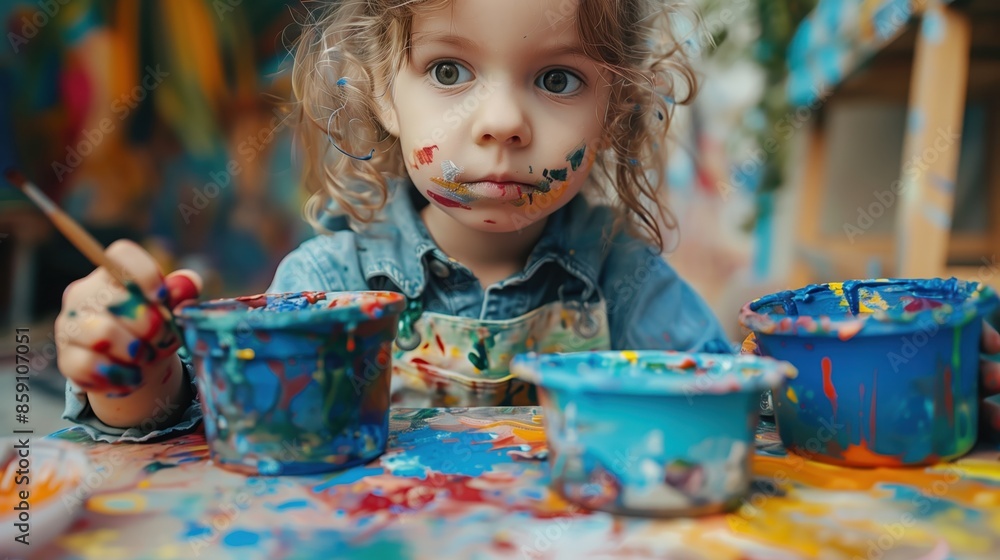 child draws with paints. Children development concept.
