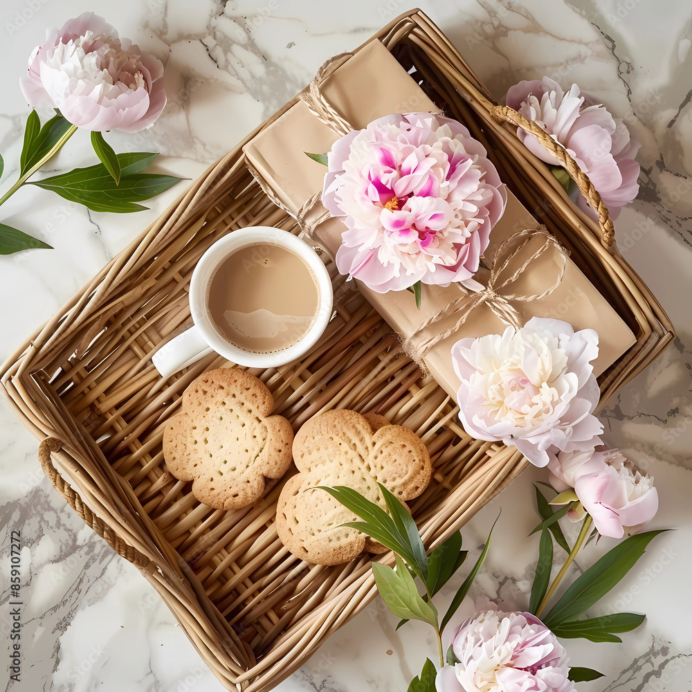 Wicker tray adorned with peonies, alongside a coffee cup, cookies, and a gift box resting on a marble surface. A delightful morning spread. Overhead view in a flat lay style.