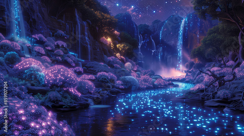 Night neon blooming banks in a gorge of rocky mountains with a river