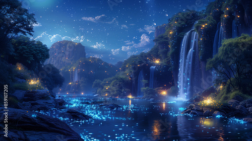 A nighttime landscape of neon wildlife