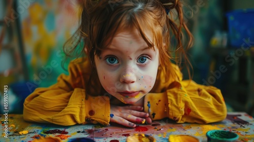 Obraz na płótnie child draws with paints. Children development concept. w salonie