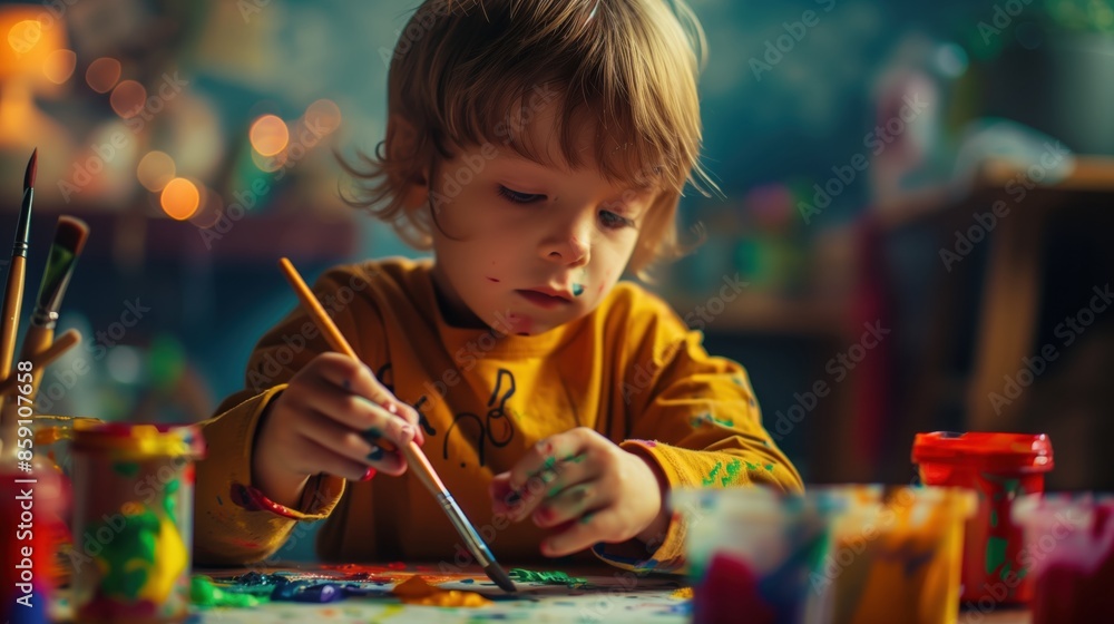 child draws with paints. Children development concept.
