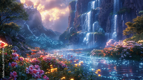 mountain waterfalls flowing into a river that washes over flowering fields