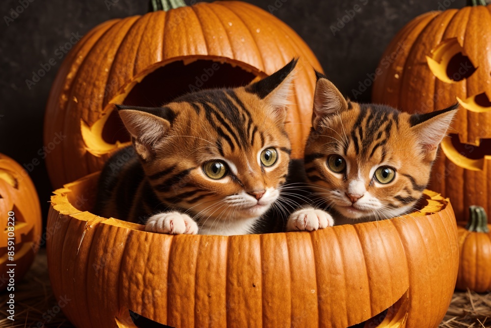 Cute kitten peeking out of a pumpkin during Halloween with a mischievous smile
Cute kitten peeking out of a pumpkin during Halloween with a mischievous smile