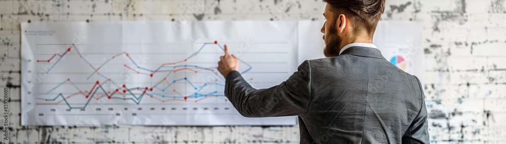 Fototapeta premium A businessman presenting a business plan on a whiteboard.