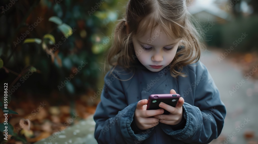 little girl walking and playing with a smartphone