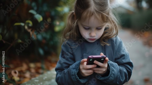 Obraz na płótnie little girl walking and playing with a smartphone w salonie