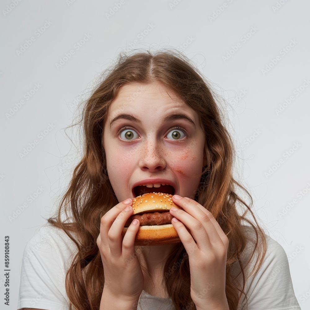 Young Woman With Long Brown Hair Bites Into Hamburger Young Woman With Long Brown Hair Bites Into Hamburger