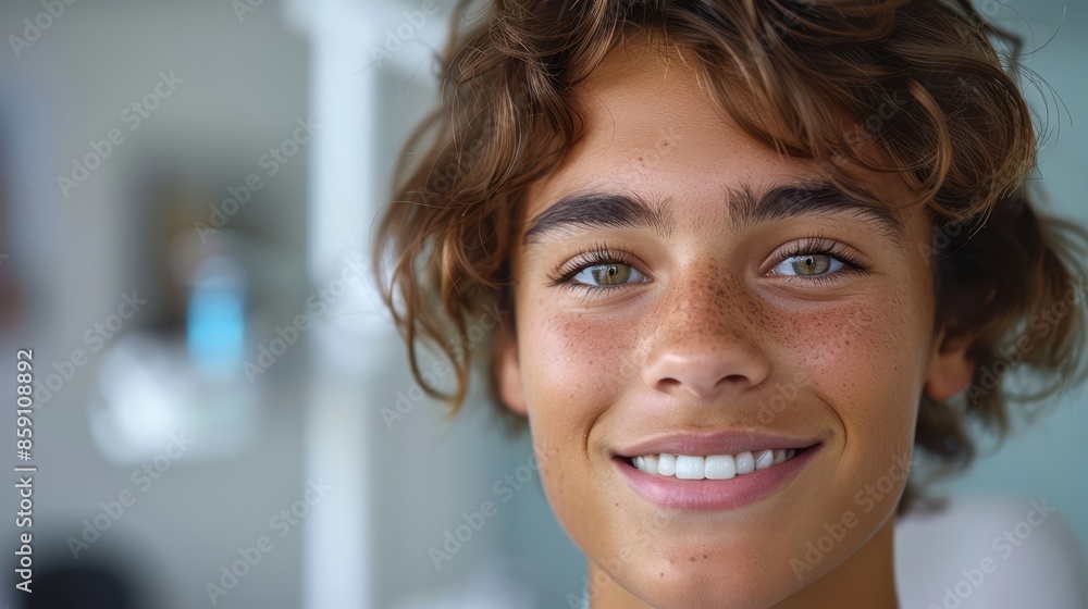 Close-up of a smiling young individual with beautiful green eyes, curly brown hair, and freckles, portraying a sense of happiness and natural beauty. Close-up of a smiling young individual with beautiful green eyes, curly brown hair, and freckles, portraying a sense of happiness and natural beauty.