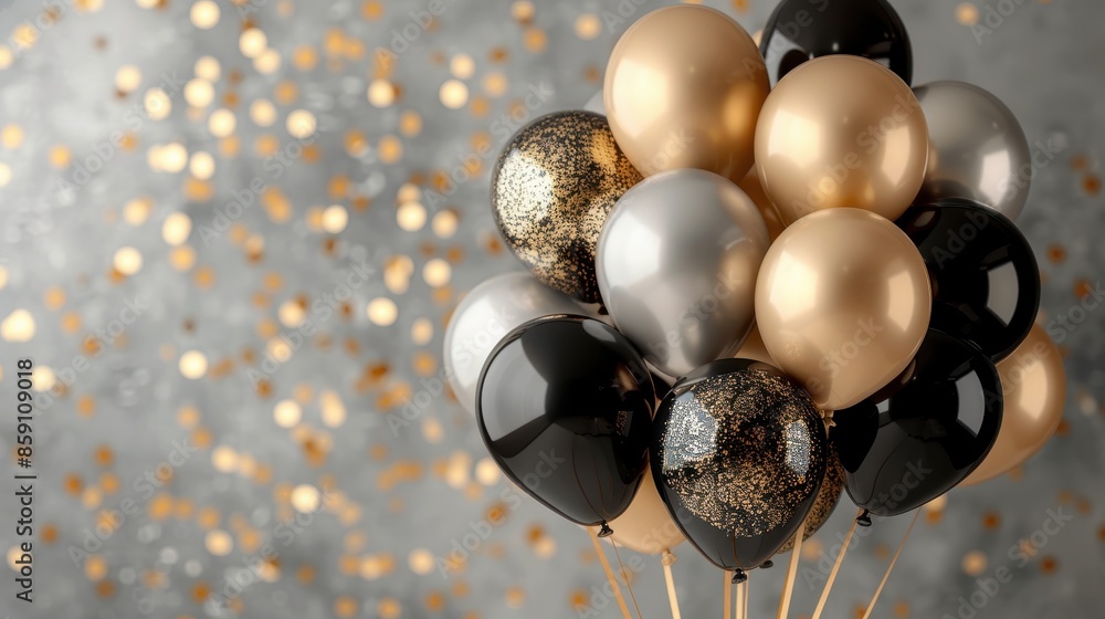 An elegant bouquet of black and gold balloons, including metallic and glitter patterns, with a blurred backdrop, perfect for sophisticated celebrations and events. An elegant bouquet of black and gold balloons, including metallic and glitter patterns, with a blurred backdrop, perfect for sophisticated celebrations and events.