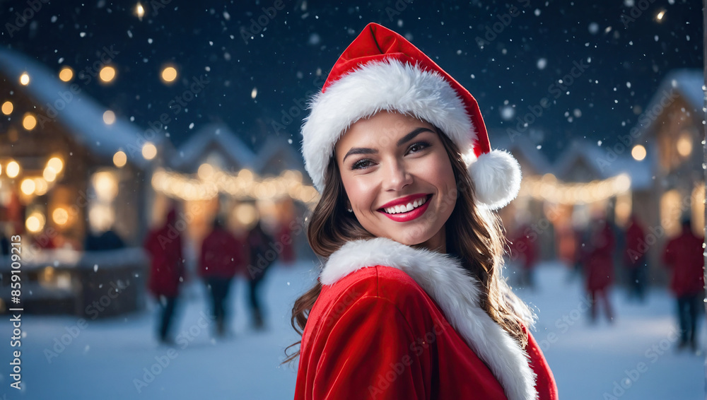 A beautiful, joyful girl dressed as Santa Claus, with rosy cheeks and a warm smile, standing in a snowy winter scene with festive lights in the background. A beautiful, joyful girl dressed as Santa Claus, with rosy cheeks and a warm smile, standing in a snowy winter scene with festive lights in the background.