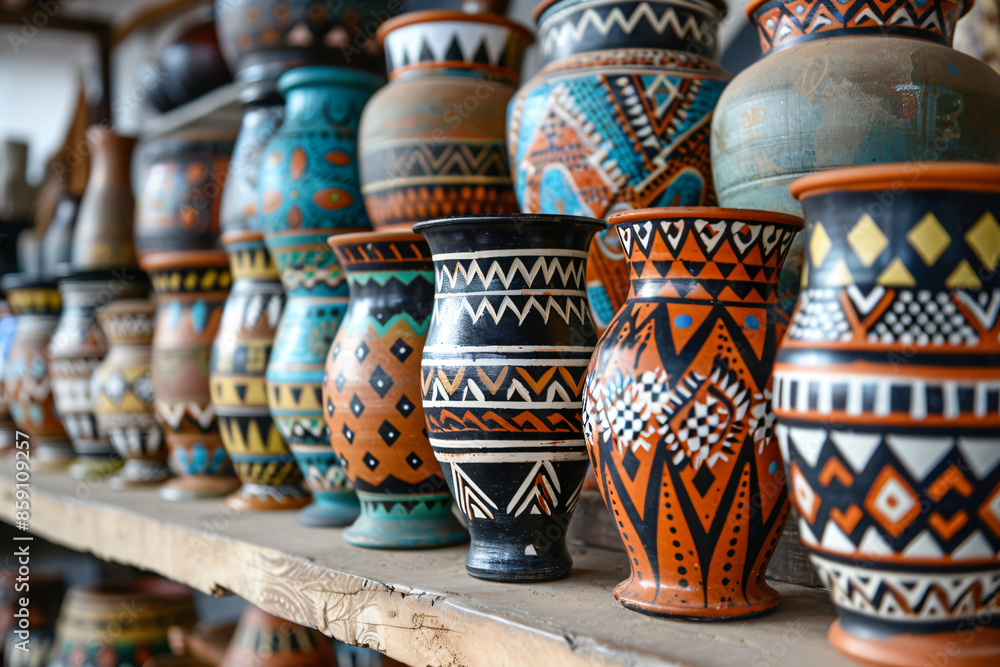 Traditional African pottery and crafts displayed in a local market, focusing on the patterns, colors, and craftsmanship Traditional African pottery and crafts displayed in a local market, focusing on the patterns, colors, and craftsmanship