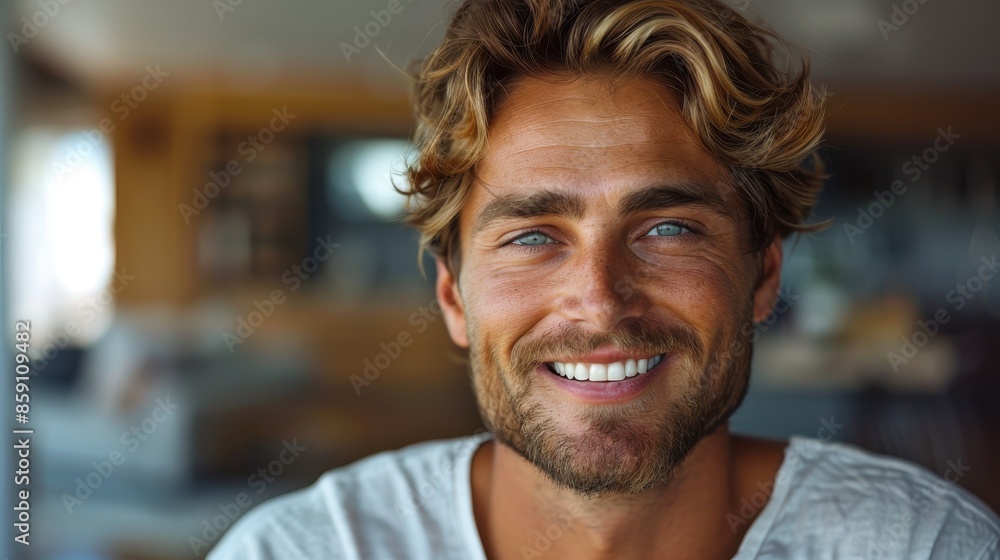 Obraz premium A close-up portrait of a man with intense blue eyes, rugged features, and tousled blonde hair, exuding confidence and a sense of adventure and vigor.