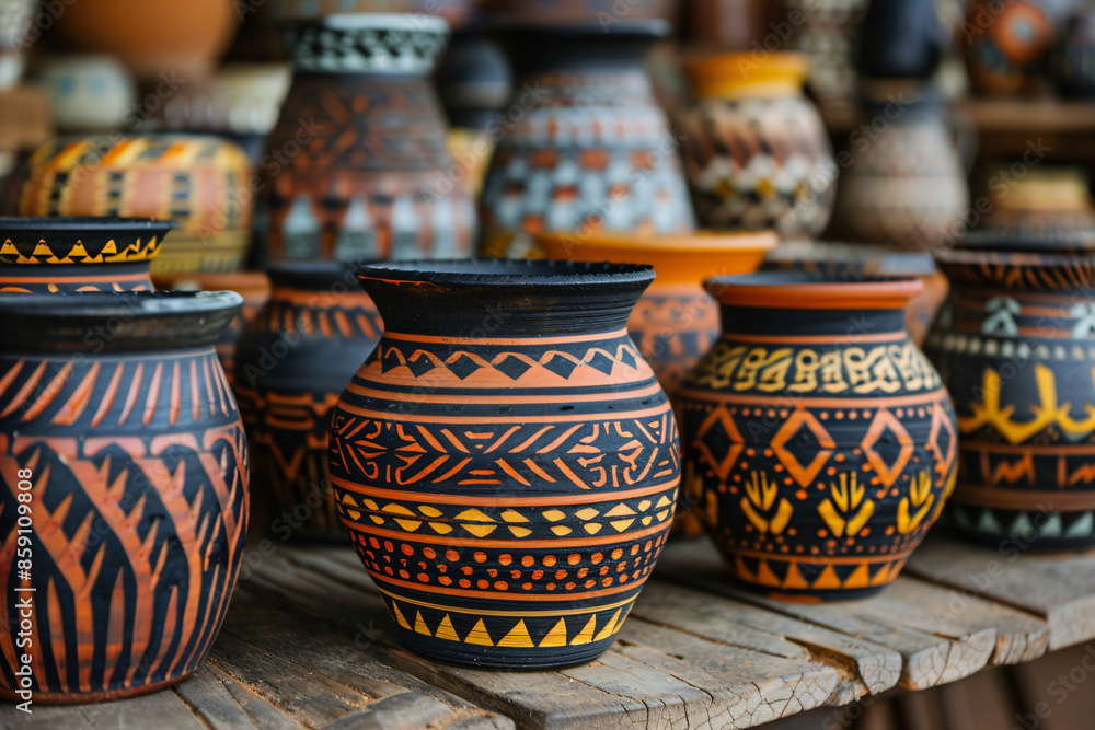 Traditional African pottery and crafts displayed in a local market, focusing on the patterns, colors, and craftsmanship Traditional African pottery and crafts displayed in a local market, focusing on the patterns, colors, and craftsmanship