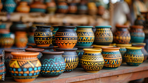 Traditional African pottery and crafts displayed in a local market, focusing on the patterns, colors, and craftsmanship