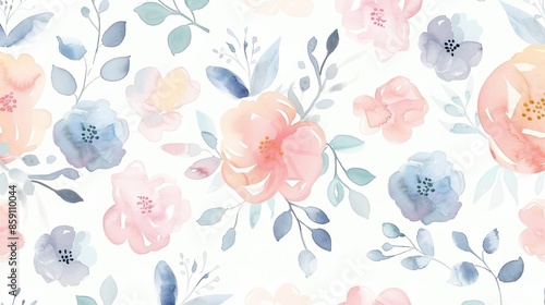 Seamless watercolor floral pattern with pink, blue, and yellow flowers and leaves on white background.