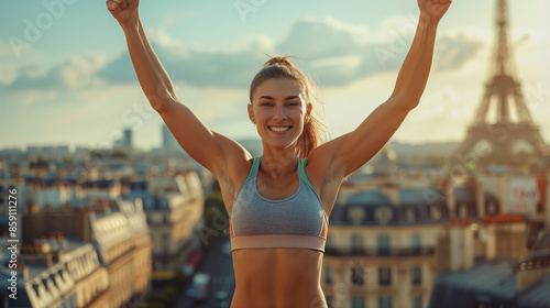 Caucasian athlete in a moment of triumph after winning at the Olympic Games. Paris city with Eiffel Tower at background.

