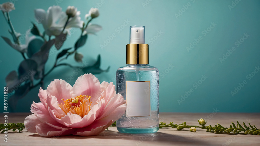 perfume bottle with blank label next to pink peony flowers on teal background perfume bottle with blank label next to pink peony flowers on teal background