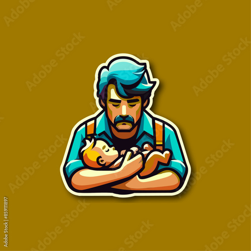 Illustrazione Vettoriale Padre che tiene in Braccio il Figlio Neonato su sfondo Oro