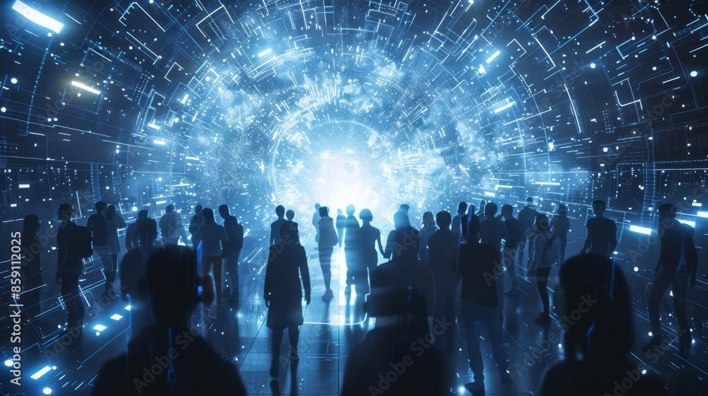 Fototapeta premium A group of students crowd around a stateoftheart virtual reality headset made possible by the librarys lightningfast 5G internet connection.