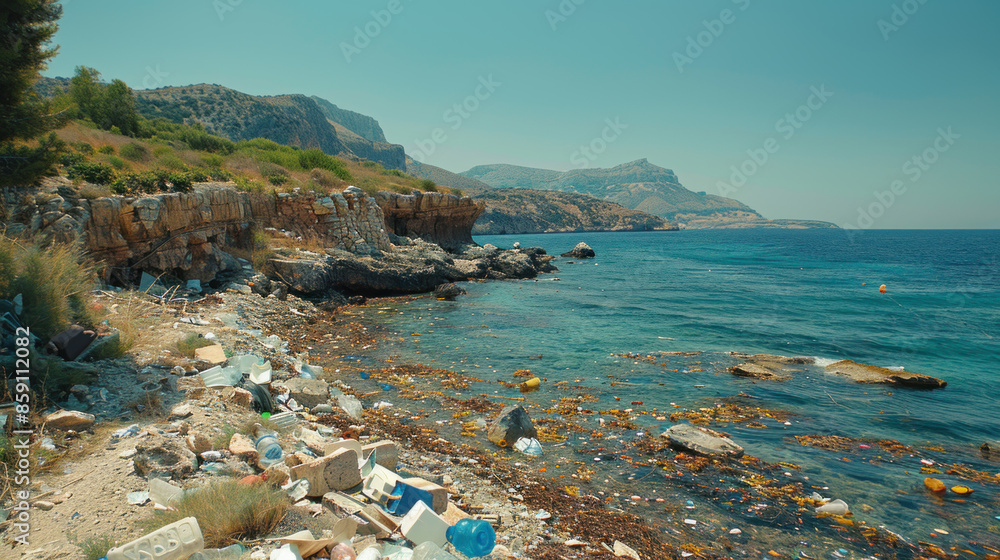 Fototapeta premium Sea shore polluted with tourists