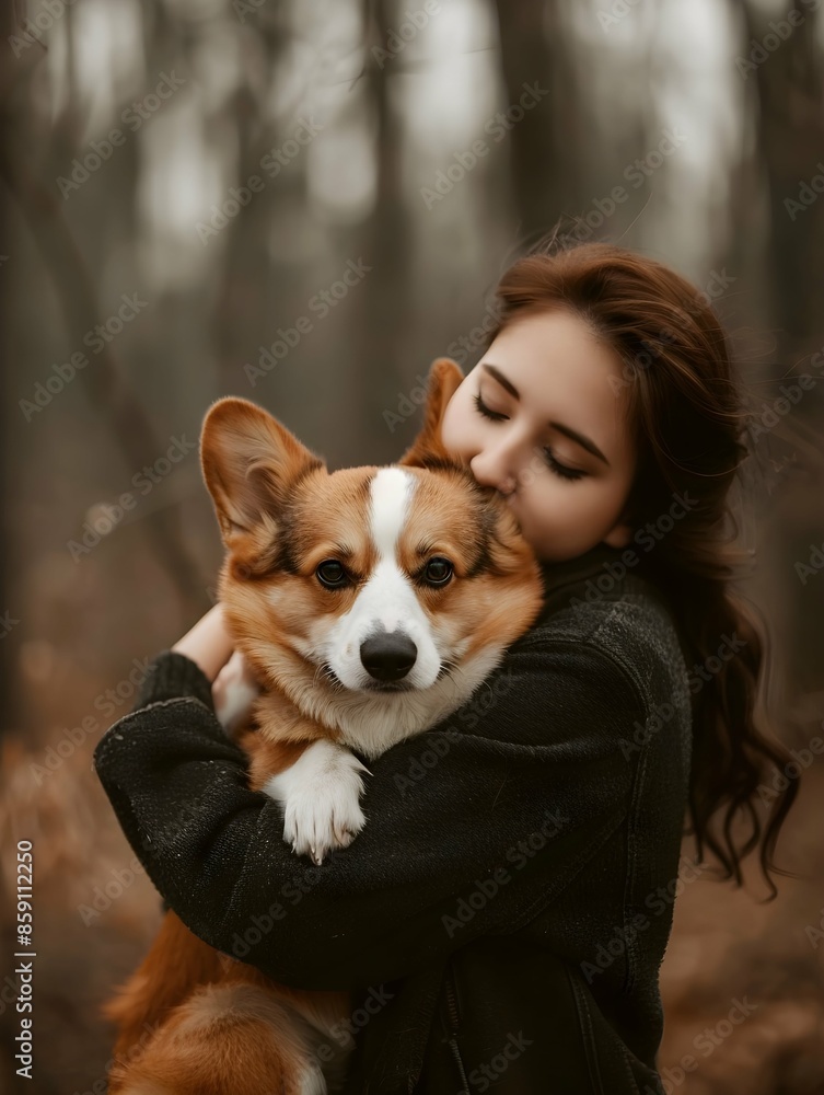 caucasian woman hugs her corgi dog outside on blurry background caucasian woman hugs her corgi dog outside on blurry background