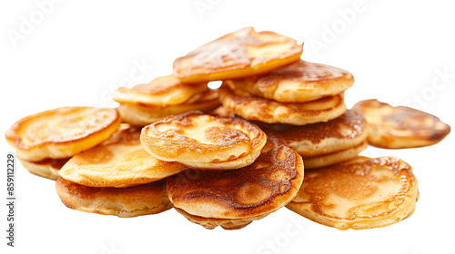 Poffertjes, traditional Dutch mini pancakes, isolated on a white background. Perfect for breakfast or dessert, these fluffy, golden brown treats are dusted with powdered sugar and drizzled with syrup.