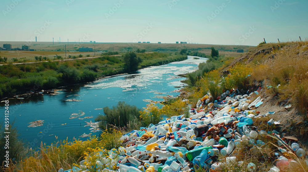 Obraz premium River in remote area is heavily polluted with plastic litter