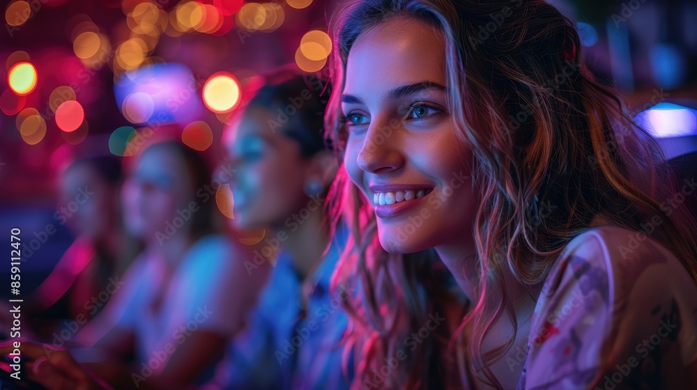 A young woman immersed in a gaming experience, her face lit up by colorful lights. The background shows other gamers, enhancing the dynamic and lively atmosphere. A young woman immersed in a gaming experience, her face lit up by colorful lights. The background shows other gamers, enhancing the dynamic and lively atmosphere.