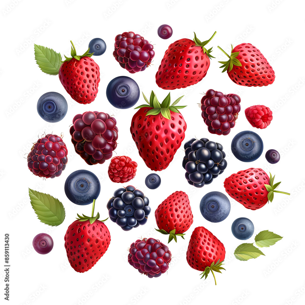 A vibrant assortment of fresh berries including strawberries, blueberries, raspberries, and blackberries on a white background. A vibrant assortment of fresh berries including strawberries, blueberries, raspberries, and blackberries on a white background.