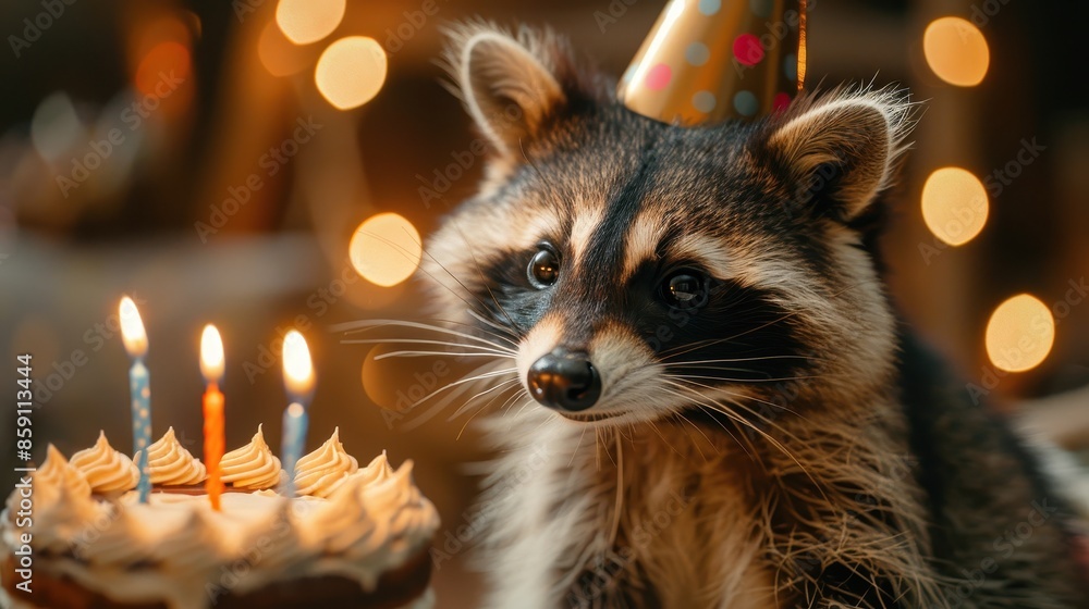 Obraz premium A cute raccoon is wearing a festive party hat and celebrating a birthday with a cake that has lit candles, creating a warm and joyful atmosphere, perfect for greeting cards.