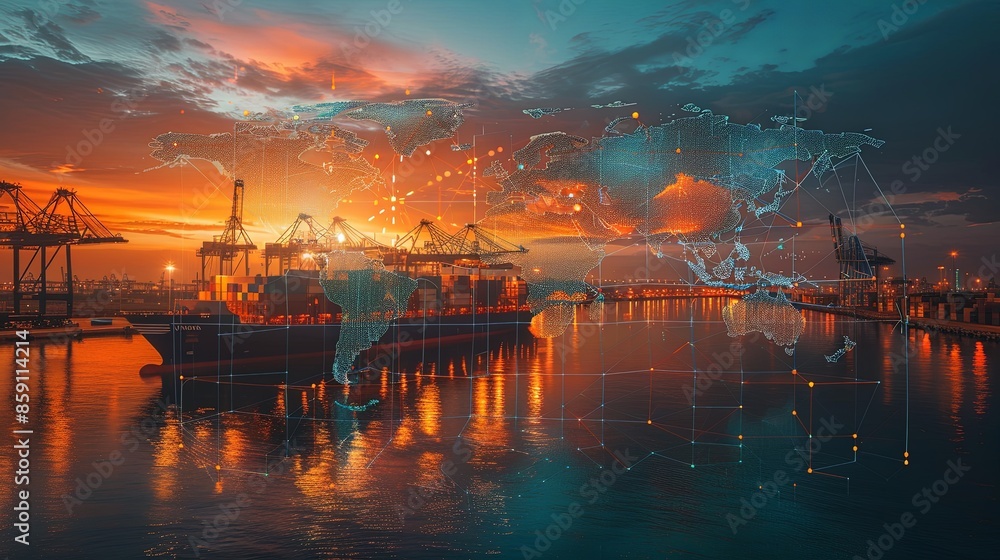 A container ship at sunset is shown overlayed with a digital global map, evoking the expansive and interconnected world of modern international trade and commerce. A container ship at sunset is shown overlayed with a digital global map, evoking the expansive and interconnected world of modern international trade and commerce.