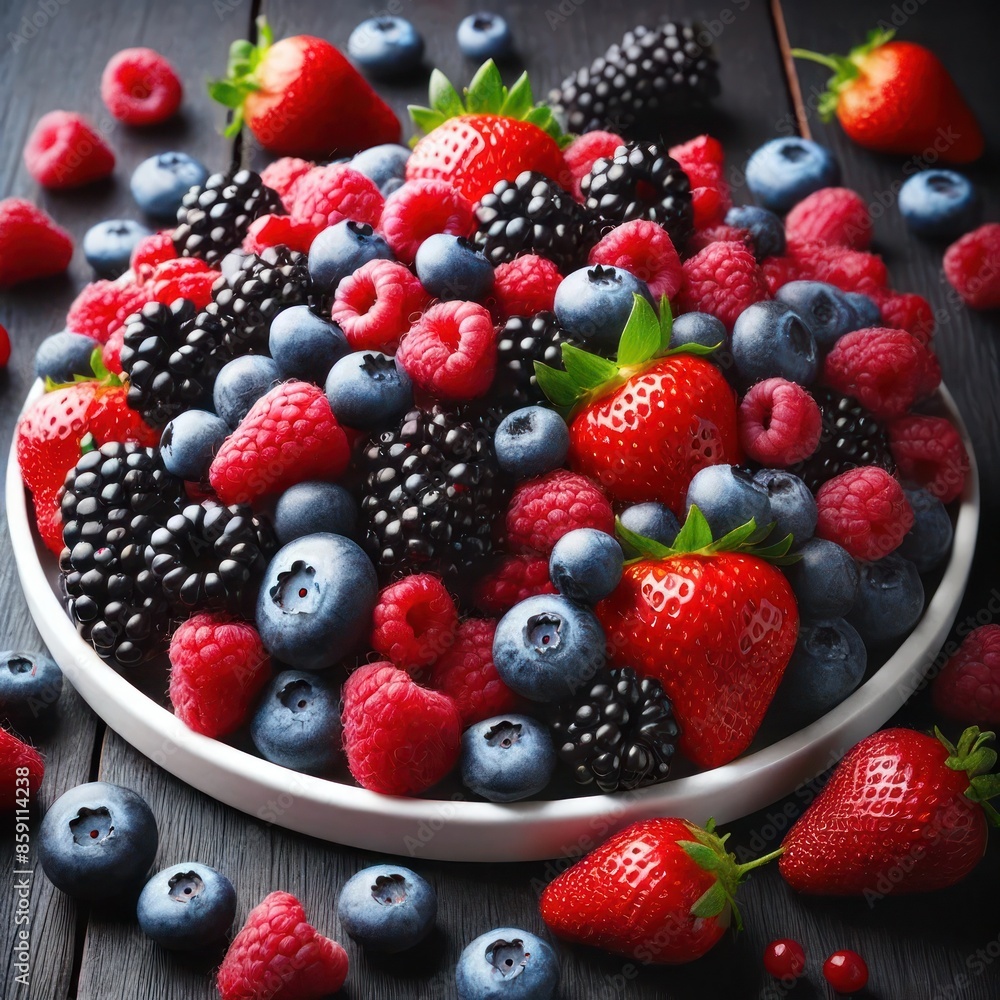 Fototapeta premium Fresh Mixed Berries in a Bowl – AI-Generated Healthy Snack Image