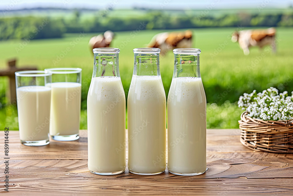 Dairy products and milk in green fields farm Dairy products and milk in green fields farm